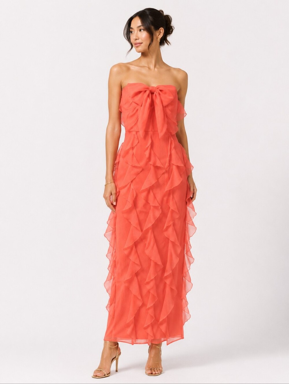 Hutch Allover Ruffle Strapless Gown with Bow in Coral Size 2 NEW